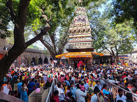 Devotees inside Tulja Bhavani Temple during the festive season in Tuljapur