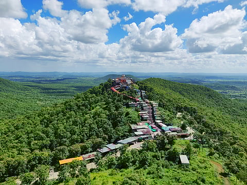 The Renukamata Shakti Peetha at Mahurgad, surrounded by nature in Nanded district