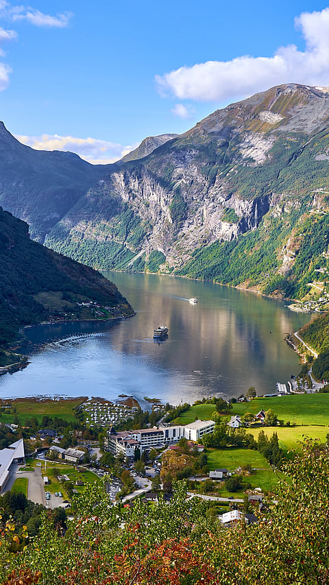 Geirangerfjord overlooking the village of Geiranger, Norway
