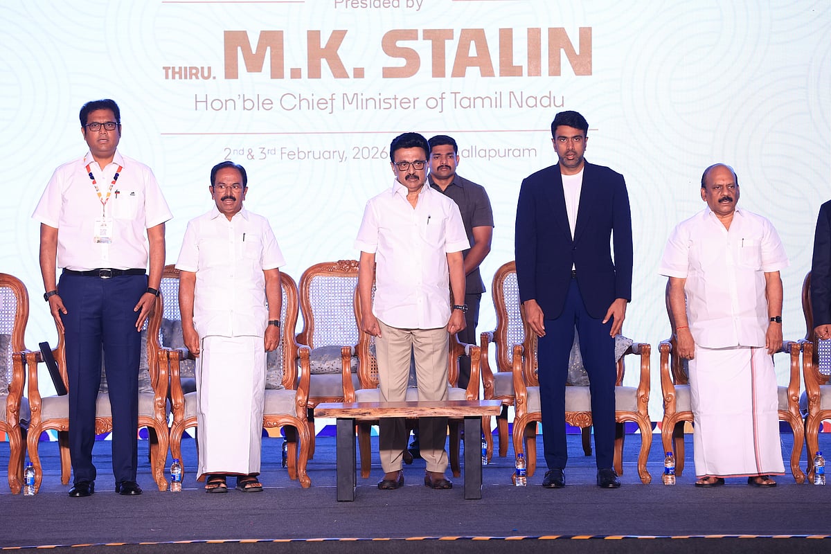 From left to right: Industries Minister T.R.B. Rajaa; Minister for Tourism Thiru R. Rajendran; Chief Minister M.K. Stalin; cricketer Ravichandran Ashwin