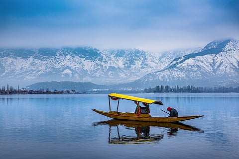 Dal Lake in winter, with the mountains framing Srinagar