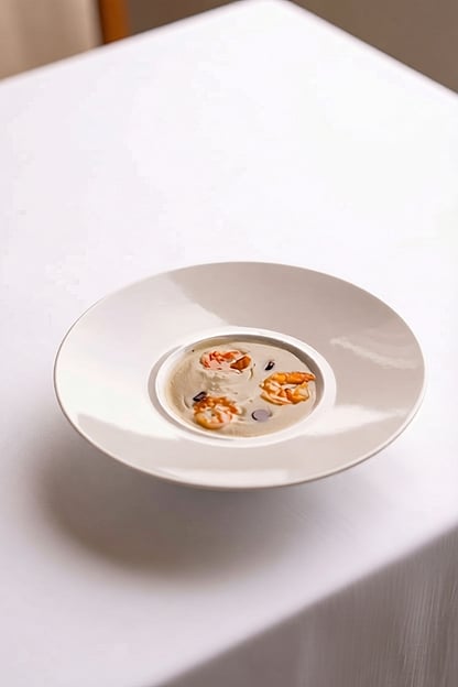 Jerusalem artichoke soup topped with spiced confit prawn and dark chocolate