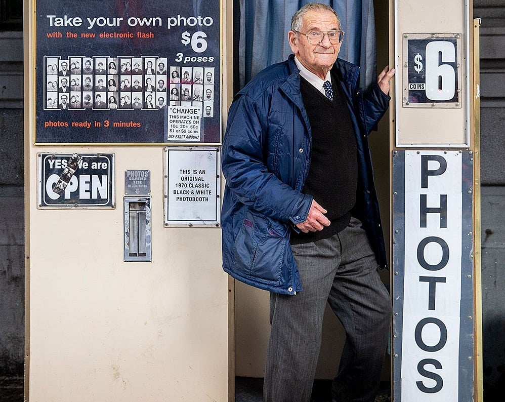 Alan Adler at his Melbourne Flinders Street photo booth