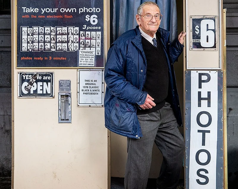 Alan Adler at his Melbourne Flinders Street photo booth