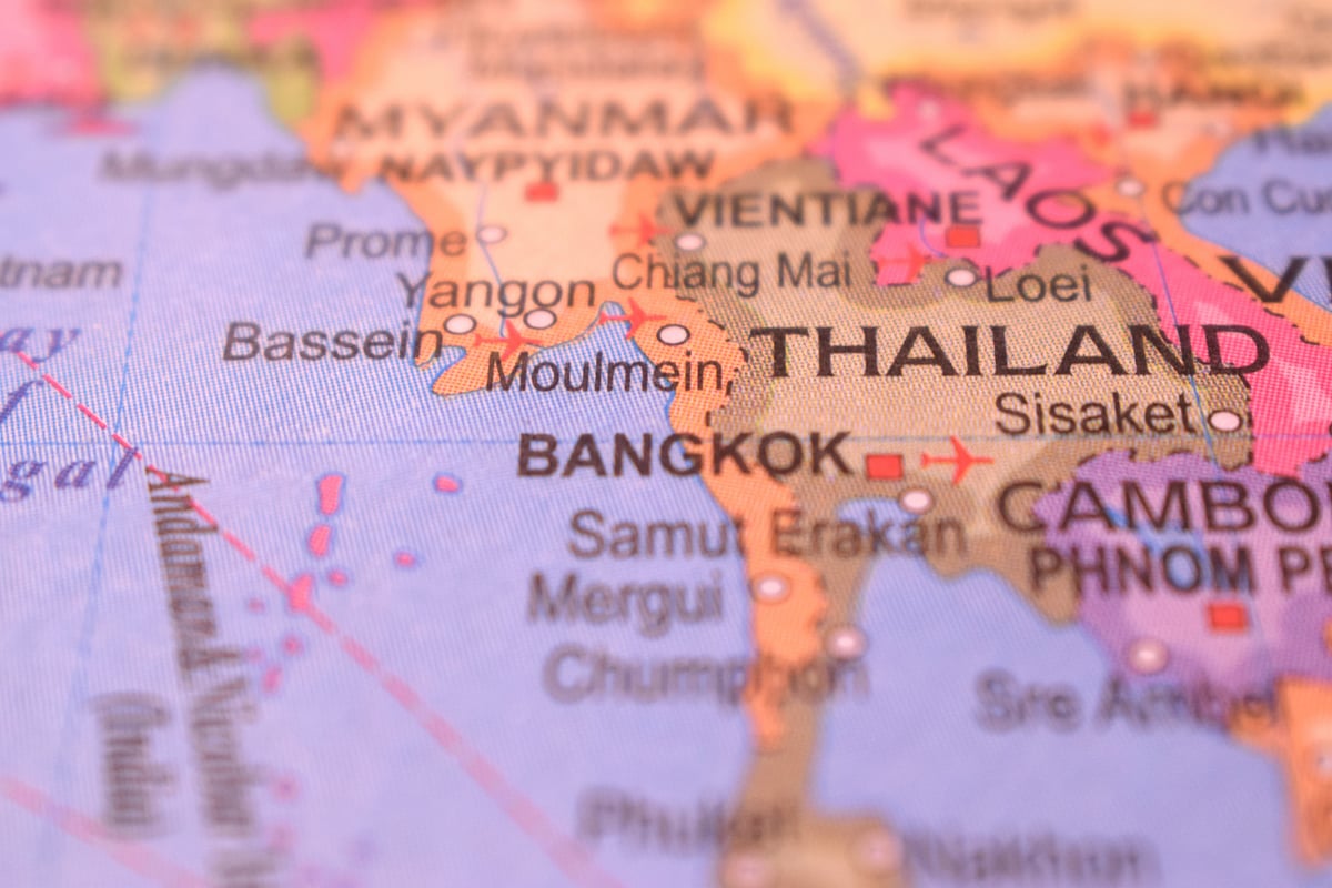 Thailand on the map, at the heart of Southeast Asia