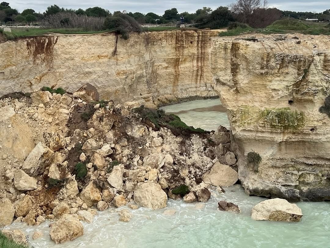 The collapsed structure of the Lovers Arch in Puglia, Italy
