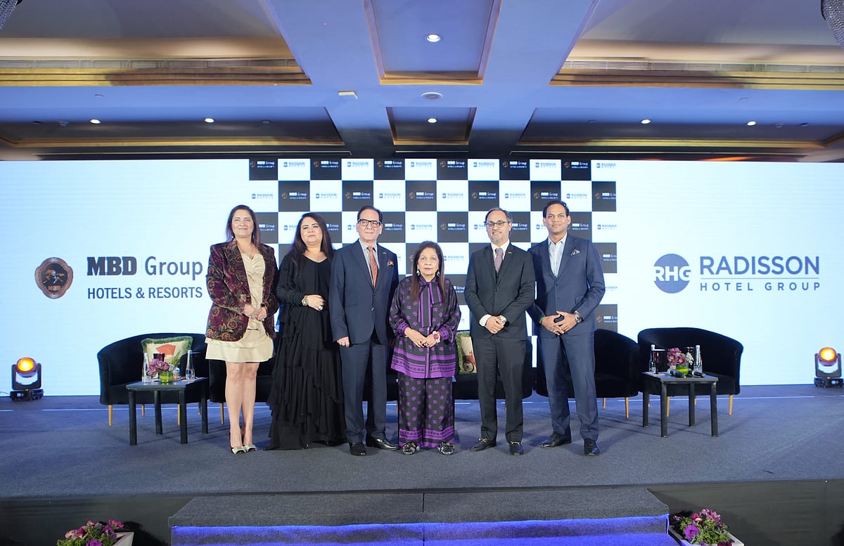 Radisson hotels : (L to R) Ms Sonica Malhotra Kandhari, Joint Managing Director, MBD Group; Ms Monica Malhotra Kandhari, Managing Director, MBD Group; Mr KB Kachru, Chairman Emeritus & Principal Advisor, Radisson Hotels Group - South Asia; Mrs Satish Bala Malhotra, Chairperson, MBD Group; Nikhil Sharma, Managing Director & Chief Operating Officer, South Asia, Radisson Hotel Group; Davashish Srivastava, Senior Director, Development, South Asia, Radisson Hotel Group