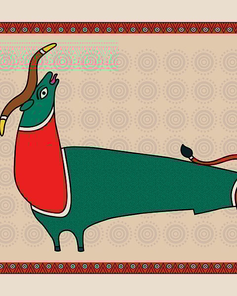 Digital artwork in the style of Gond painting