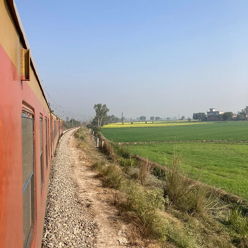All three trains weave their way through the scenic countryside