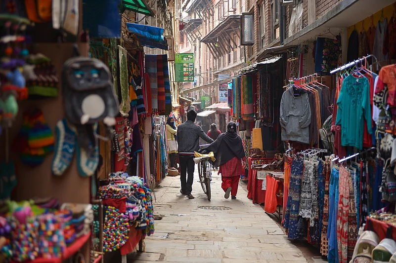 Colourful market street in Kathmandu, Nepal