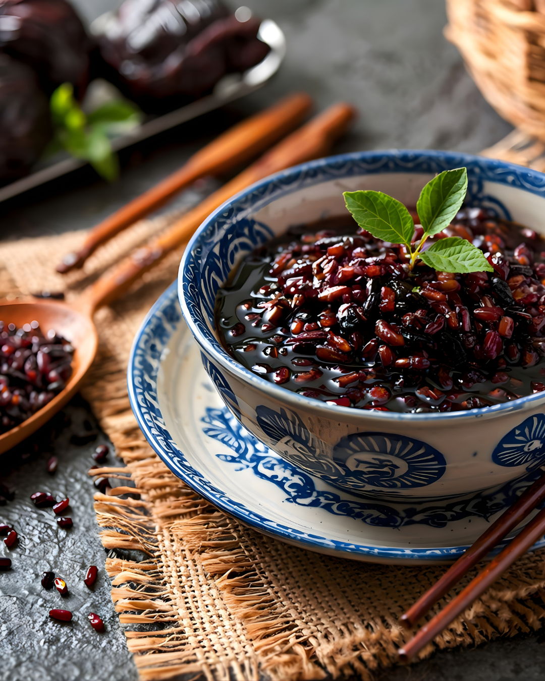 A bowl of black sticky rice pudding. 