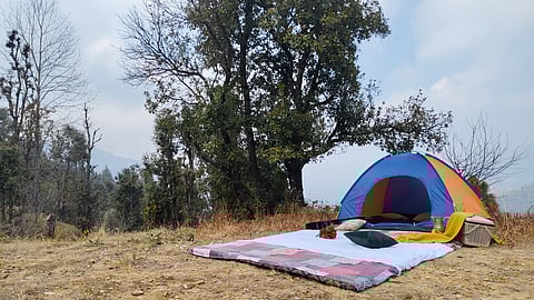 Tent set up for picnic lunch