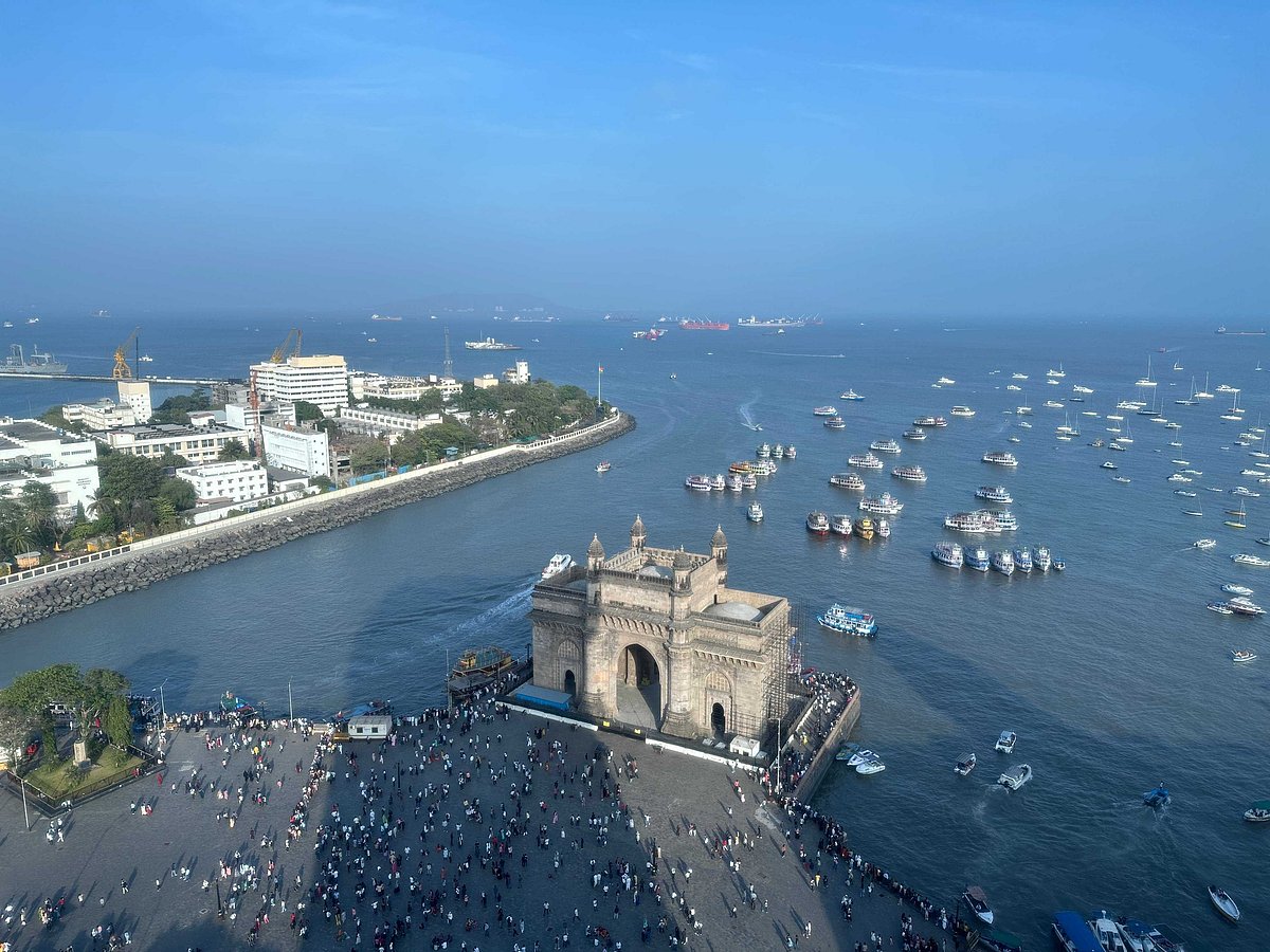 Aerial view of The Gateway of India and the Arabian Sea in Mumbai
