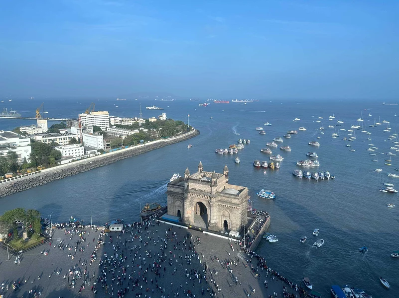 Aerial view of The Gateway of India and the Arabian Sea in Mumbai