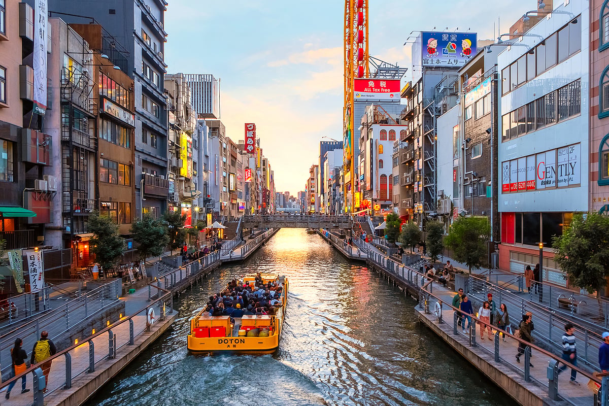 Dotonbori’s lively canal district draws crowds after dark