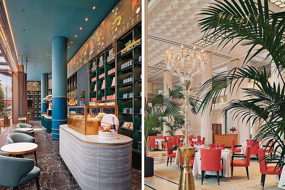 (L-R) The Peninsula Boutique & Café; dining at The Lobby, the hotel’s main lounge and dining space
