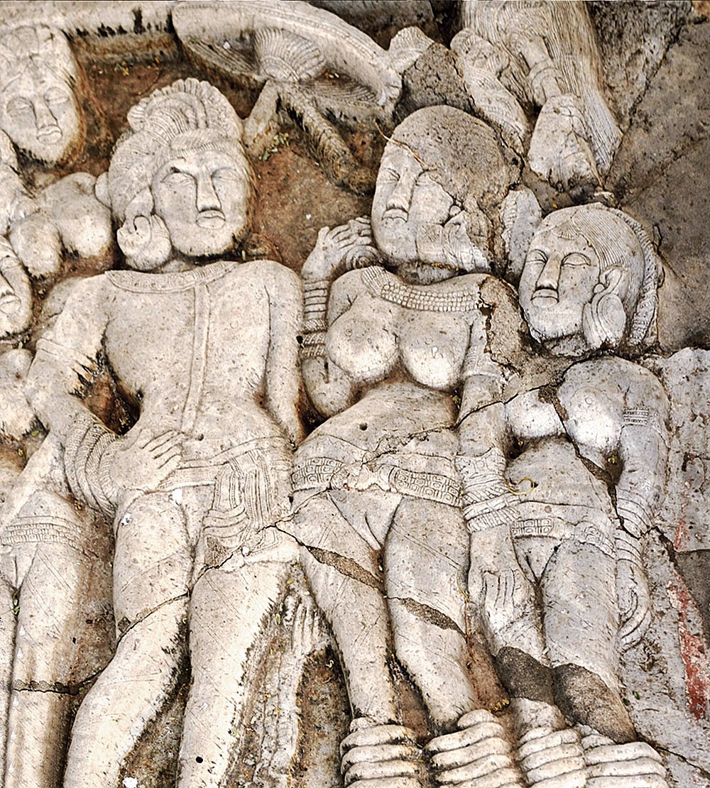 The sculptural portrait of Emperor Ashoka (first from left), inscribed Raya Asoko