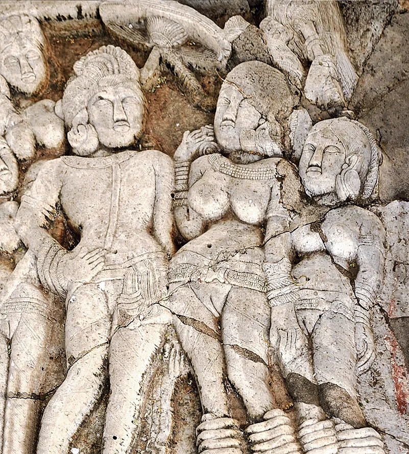 The sculptural portrait of Emperor Ashoka (first from left), inscribed Raya Asoko