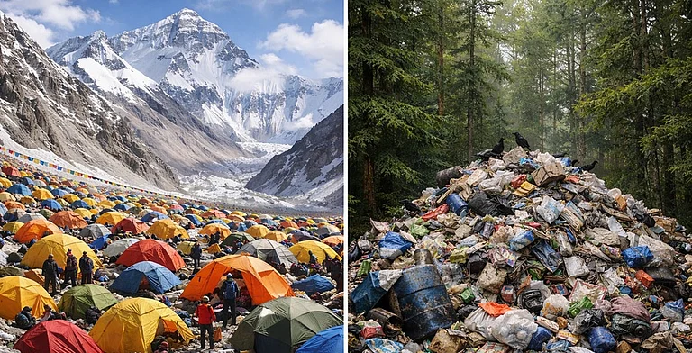Overcrowding at a Himalayan campsite and unmanaged waste accumulation in sensitive ecological zones - AI-Illustration