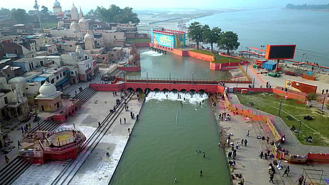 Aerial view of Ayodhya featuring Ram Mandir, Hanuman Garhi and Ram ki Paidi ghats