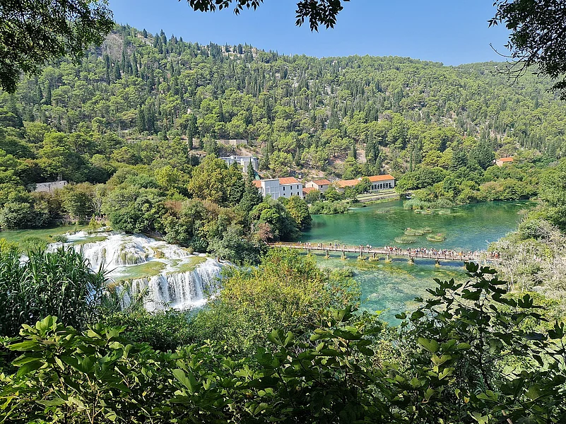 Krka National Park is known for seven cascading waterfalls