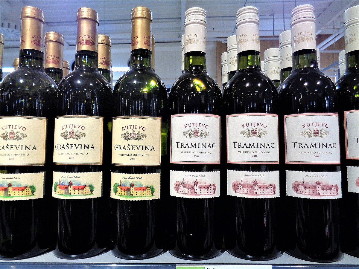 Bottles of Graševina and Traminer wine produced in Kutjevo