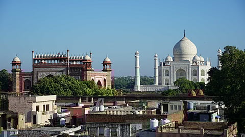 The Taj Mahal and surrounding landscape in Agra