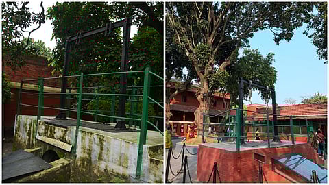 (L-R) Before and after restoration of the gallows at Alipore Jail Museum