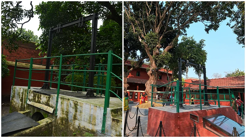 (L-R) Before and after restoration of the gallows at Alipore Jail Museum