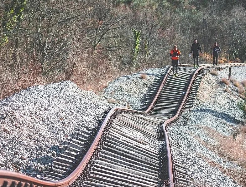 A short section of track has been dramatically warped by shifting ground and erosion