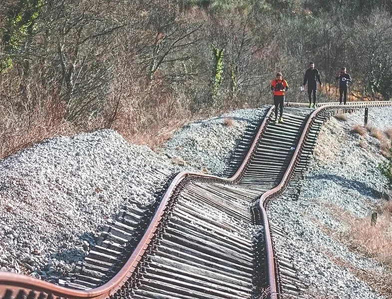 A short section of track has been dramatically warped by shifting ground and erosion