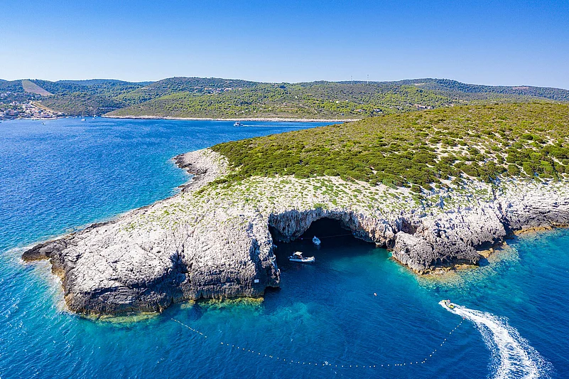 Aerial view of the Green Cave on Ravnik island