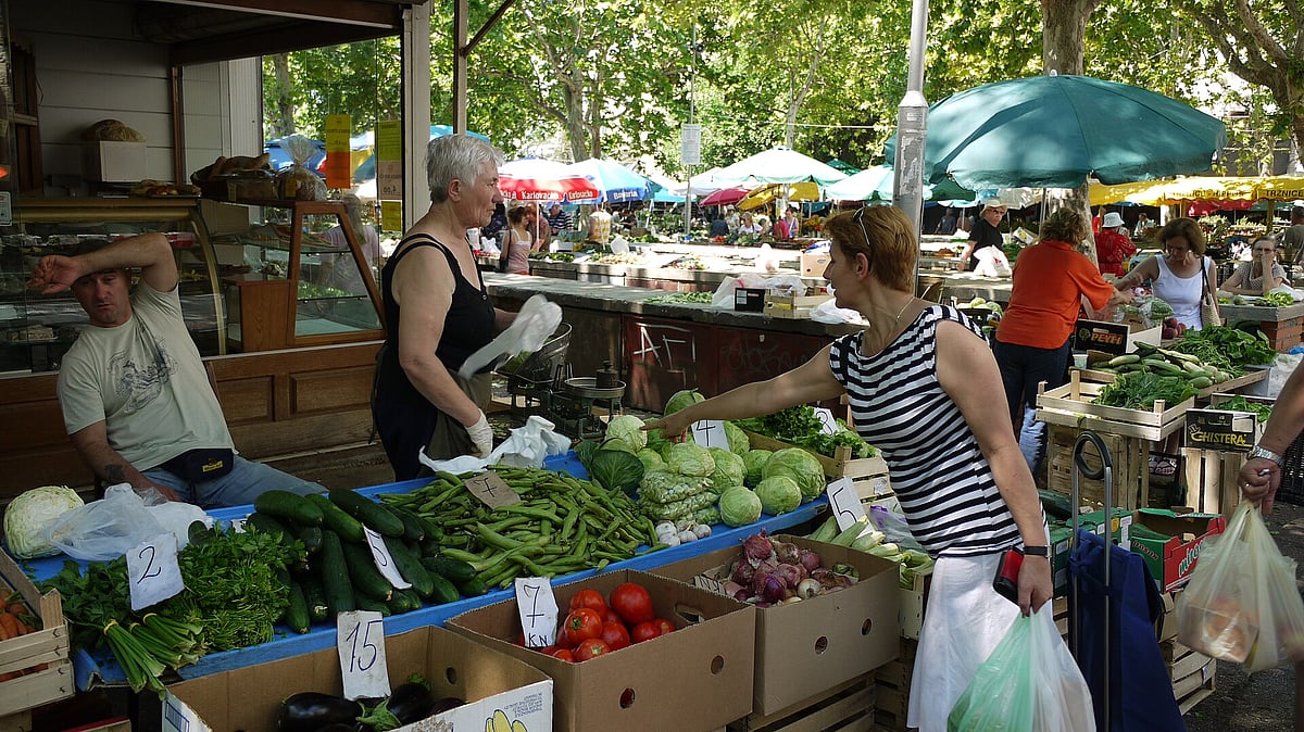 People buying fresh local produce at Pazar in Split