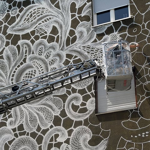 A mural based on Croatia's Lepoglava lace motif, painted for the Sisak Festival in Croatia