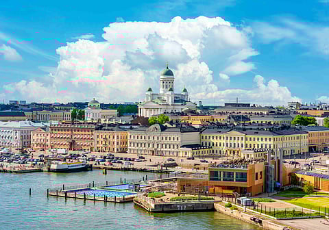Helsinki cityscape with the iconic cathedral and Market Square.
