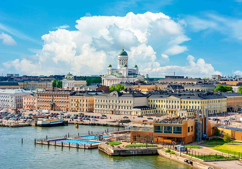 Helsinki cityscape with the iconic cathedral and Market Square.