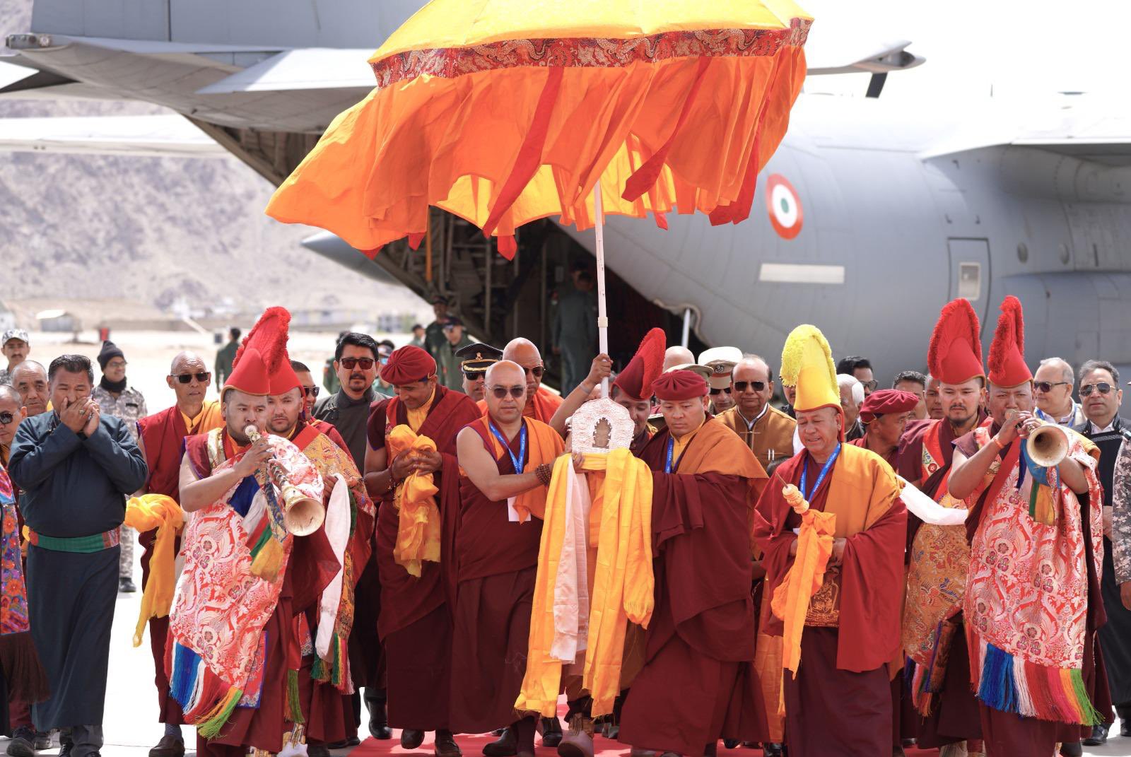 Sacred Buddha relics ceremonially received in Leh on Wednesday