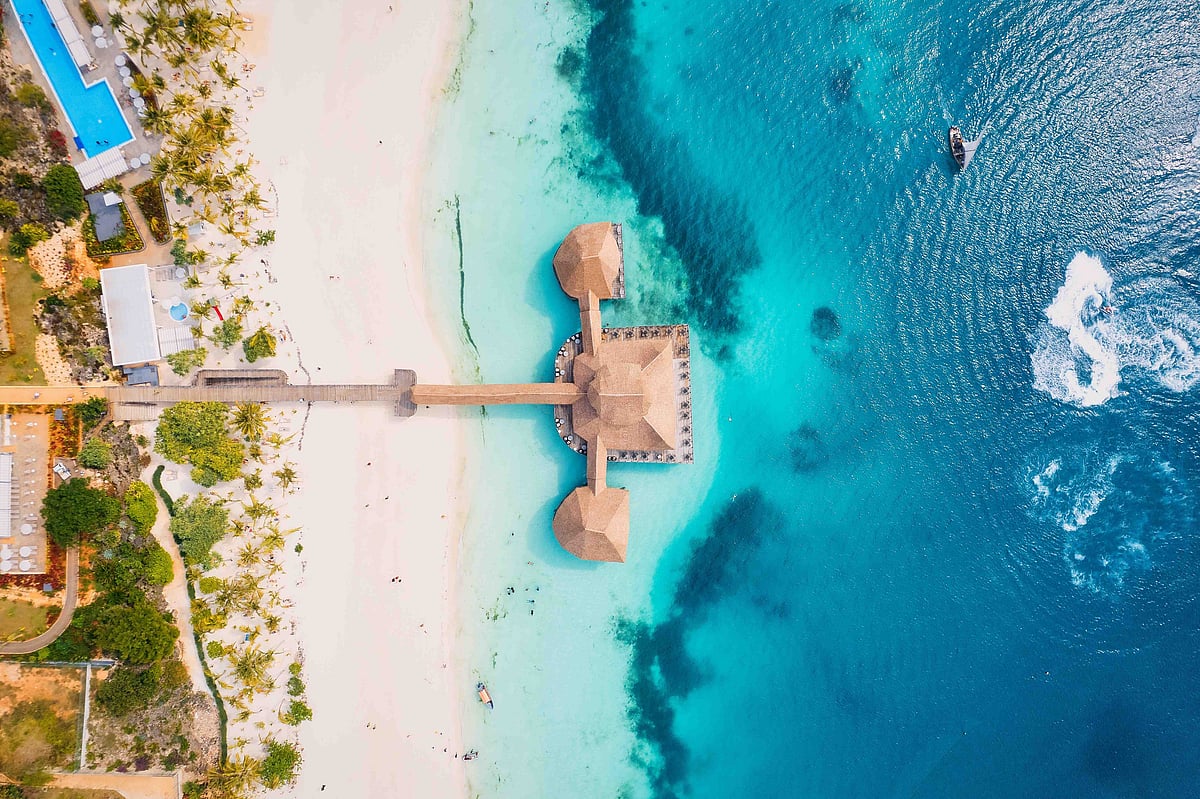 Aerial view of Nungwi Beach with turquoise waters in Zanzibar