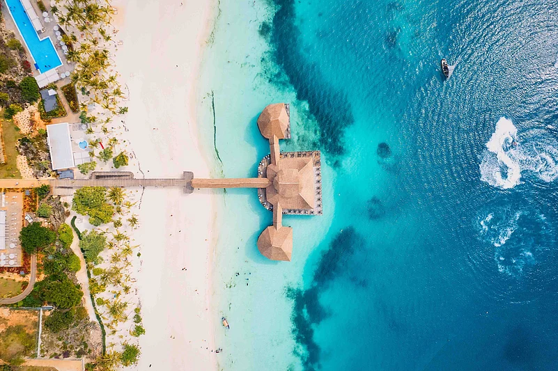 Aerial view of Nungwi Beach with turquoise waters in Zanzibar