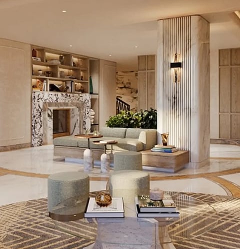 Interiors lean into arabescato marble, smoked glass, antique brass and handmade mosaic detailing