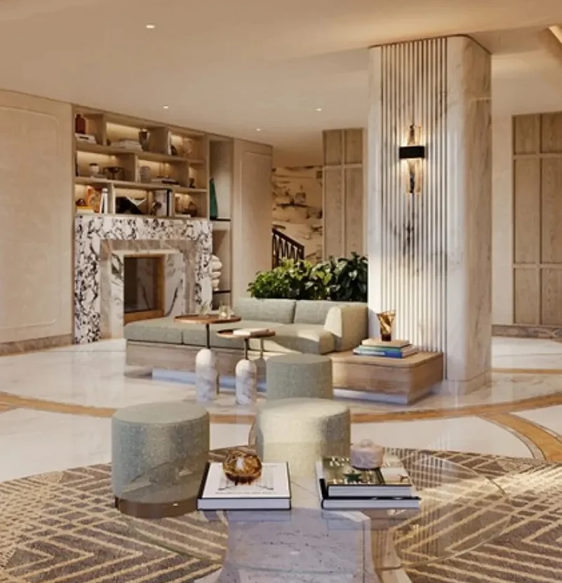 Interiors lean into arabescato marble, smoked glass, antique brass and handmade mosaic detailing
