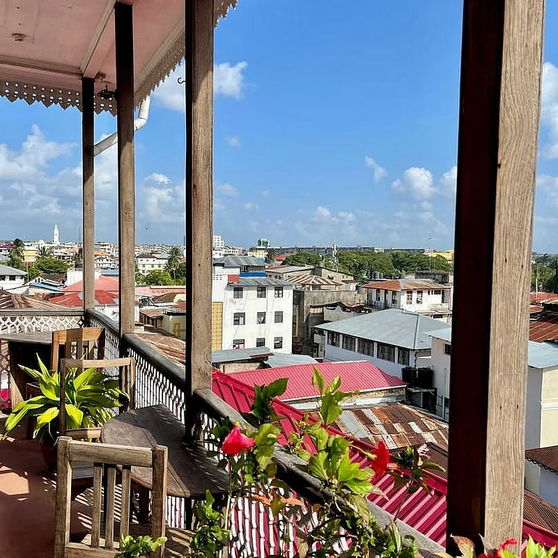 The Zanzibar Coffee House rooftop offers sweeping 360-degree views over the bustling Mkunazini area