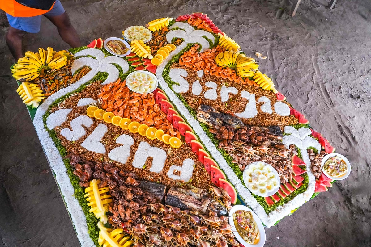 Traditional Filipino feast set up on Guyam Island