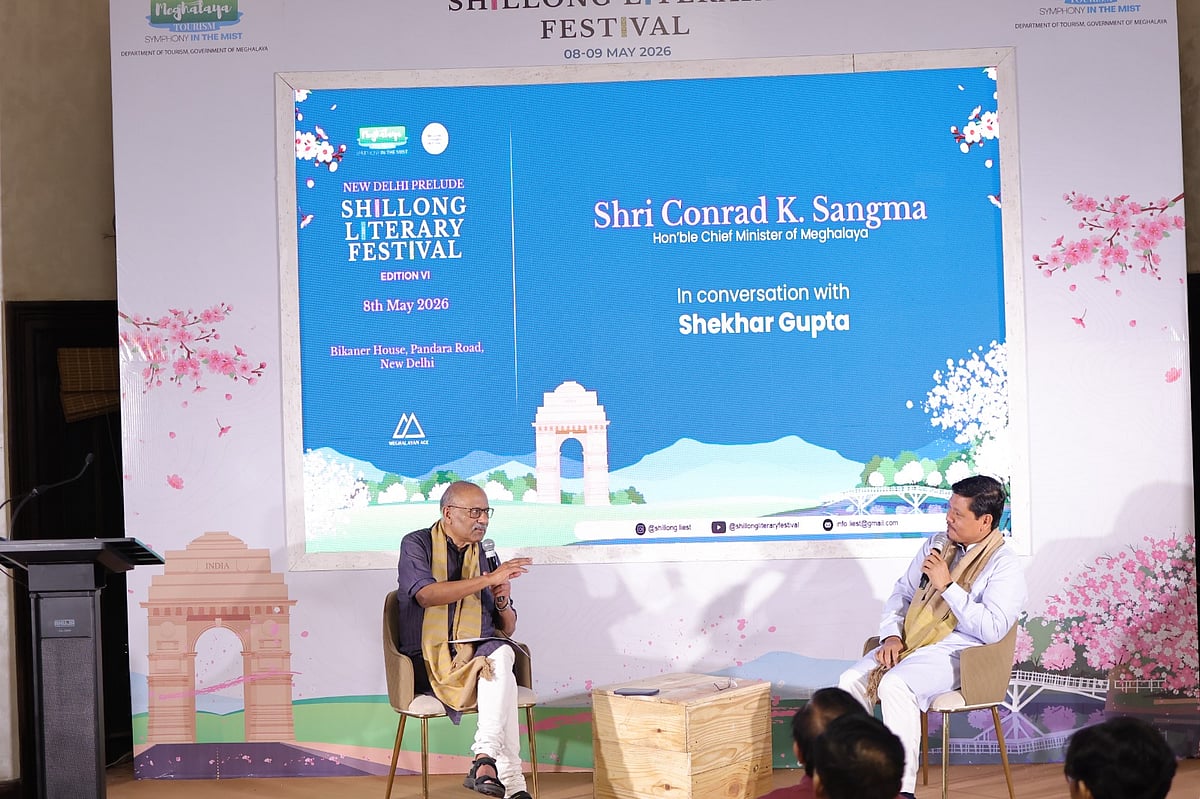 (L-R) Senior journalist Sekhar Gupta in conversation with Meghalaya chief minister Conrad K Sangma