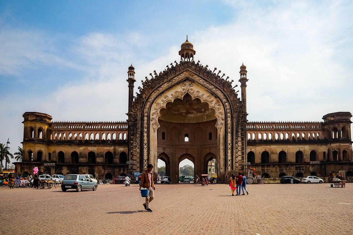 Visitors gather near the grand Rumi Darwaza in the heart of Lucknow
