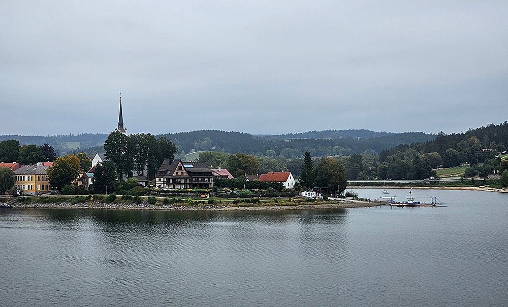 View of Frymburk town from the cycling trail at Lipno Dam 