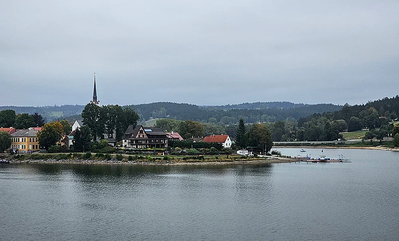 View of Frymburk town from the cycling trail at Lipno Dam