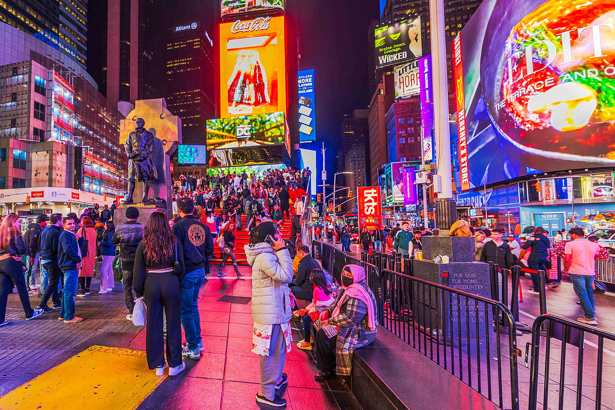 Night falls over Times Square, one of the world’s most iconic urban landscapes