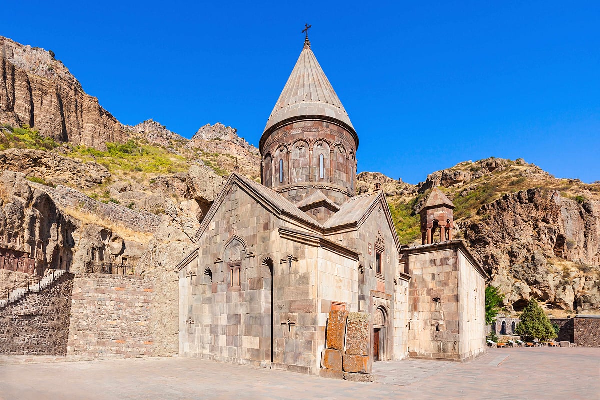 Geghard Monastery is partly carved into the cliffs of the Azat River Gorge