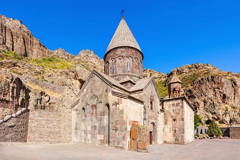 Geghard Monastery is partly carved into the cliffs of the Azat River Gorge